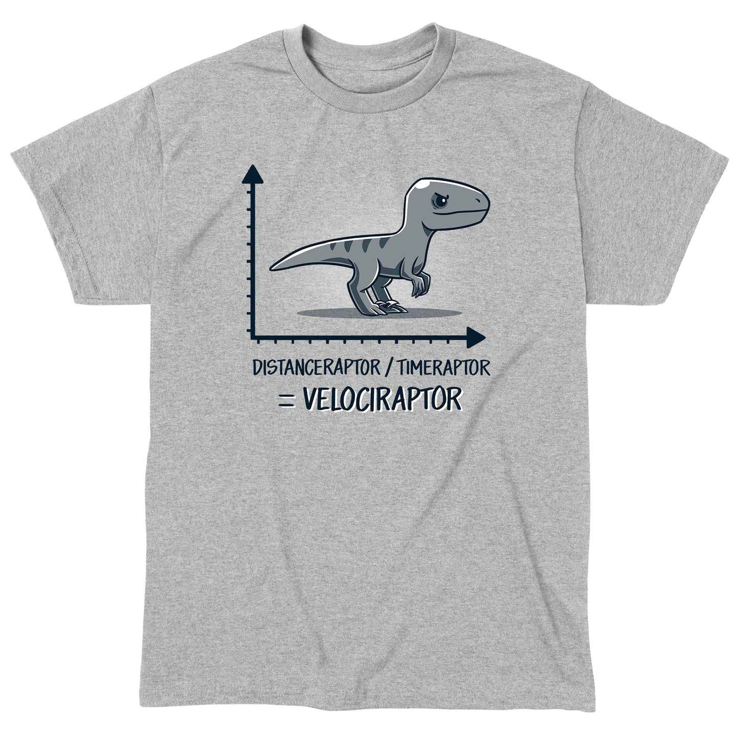 Classic Cotton T-shirt_TeeTurtle Velociraptor heather gray t-shirt featuring a velociraptor positioned above a graph with the y-axis labeled 'Distanceraptor' and the x-axis labeled 'Timeraptor,' suggesting the equation 'Distanceraptor / Timeraptor = Velociraptor.'