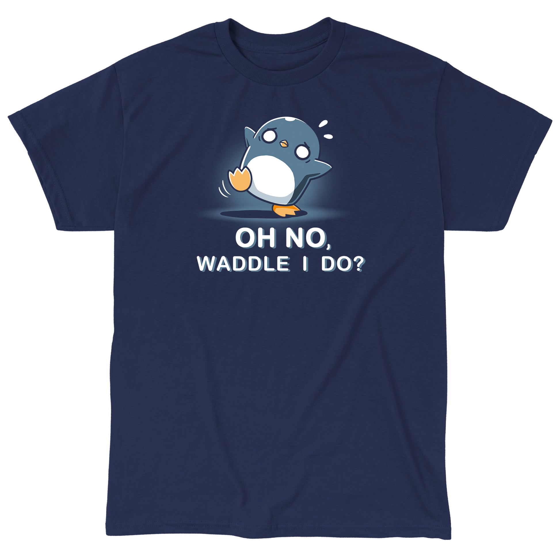 Classic Cotton T-shirt_TeeTurtle Waddle I Do? navy blue t-shirt featuring a penguin with a worried expression standing off-balance.