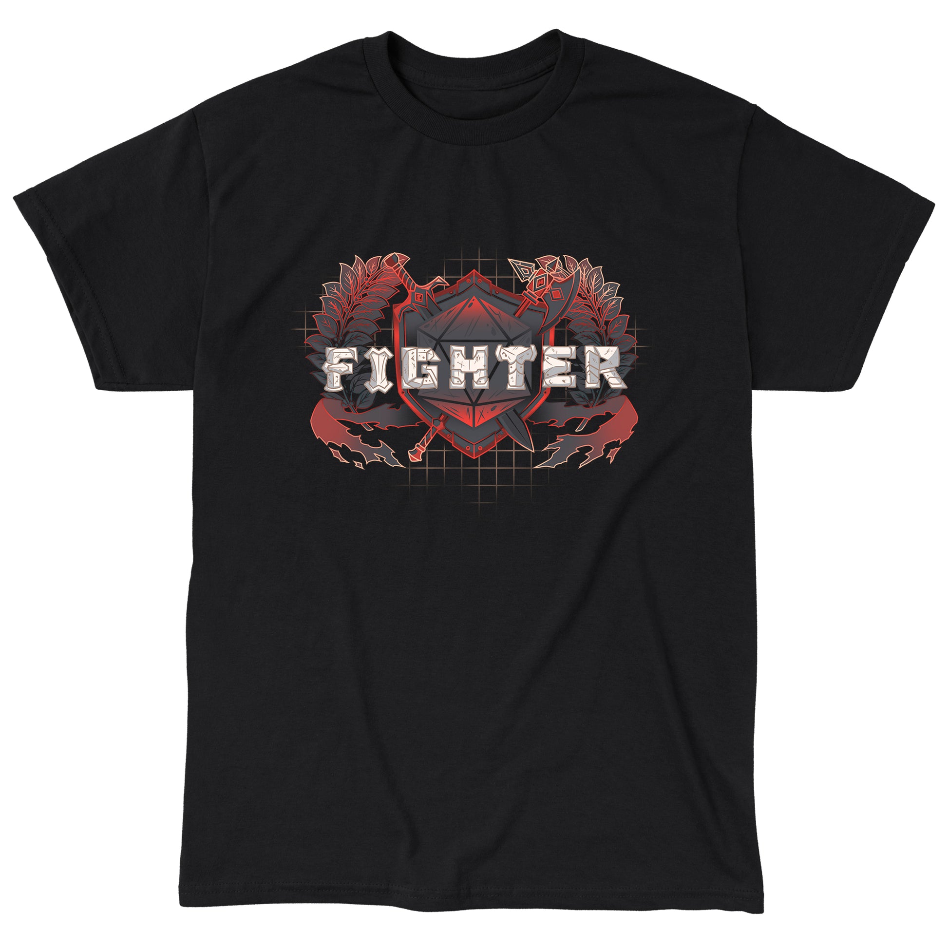 Classic Cotton T-shirt_TeeTurtle Fighter Class t-shirt featuring a shield with crossed weapons and laurel branches, with the word "Fighter."