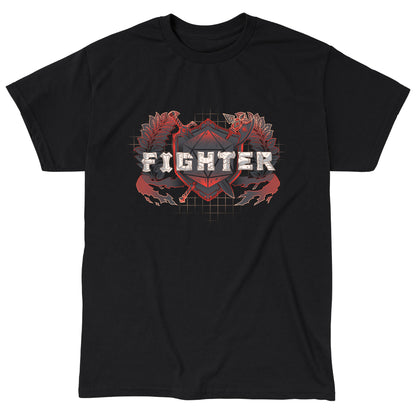 Classic Cotton T-shirt_TeeTurtle Fighter Class t-shirt featuring a shield with crossed weapons and laurel branches, with the word "Fighter."