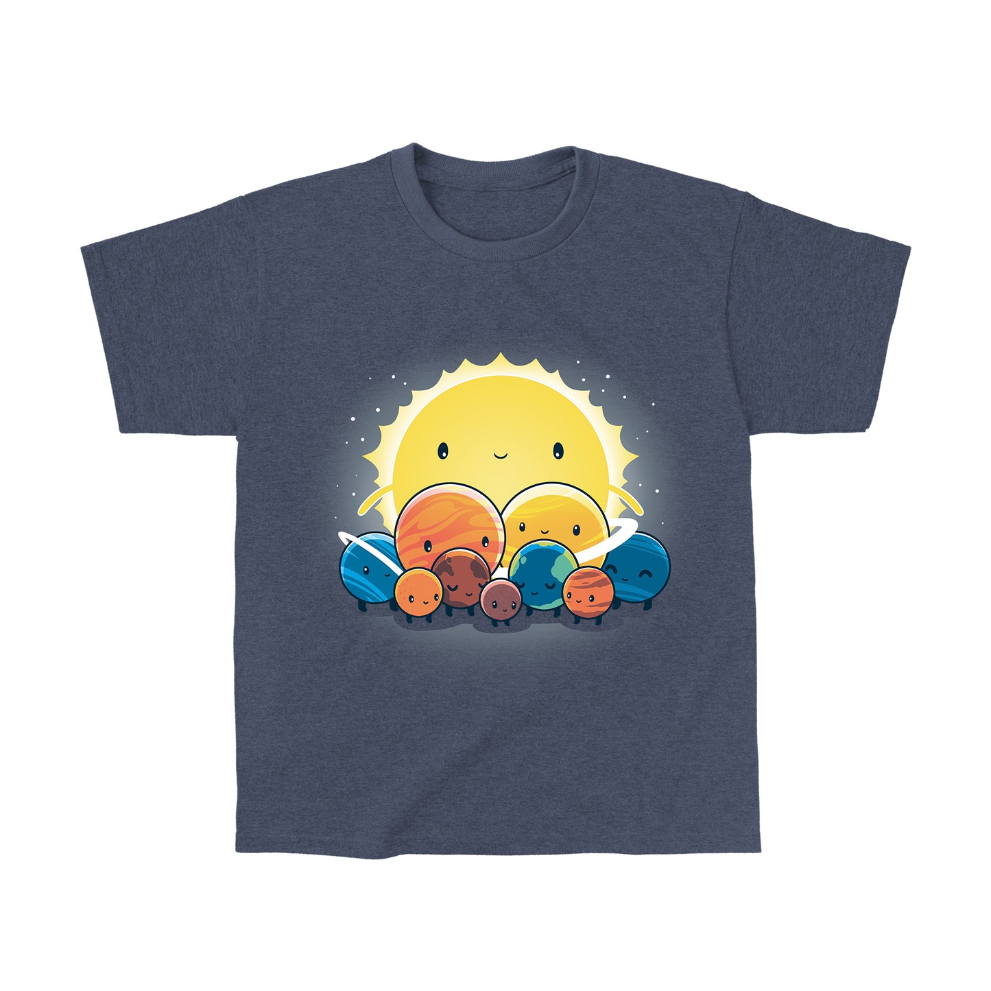 Classic Cotton T-shirt_Teeturtle We Still Love You, Pluto heather navy t-shirt featuring an illustration of the solar system with a smiling face on the Sun and different planets gathered together.