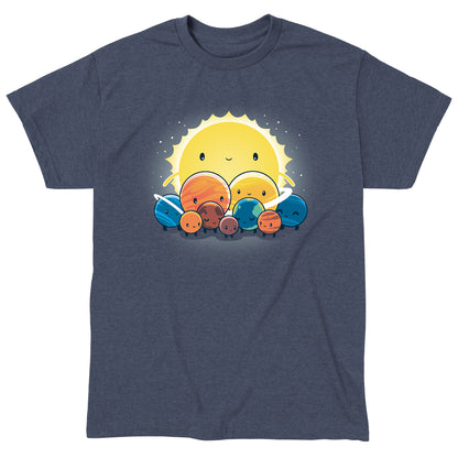 Classic Cotton T-shirt_Teeturtle We Still Love You, Pluto heather navy t-shirt featuring an illustration of the solar system with a smiling face on the Sun and different planets gathered together.