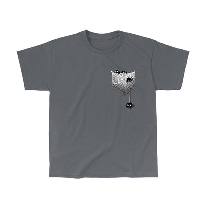 Classic Cotton T-shirt_TeeTurtle Webbed Pocket charcoal gray t-shirt featuring four little spiders crawling on a spider web on the right side chest