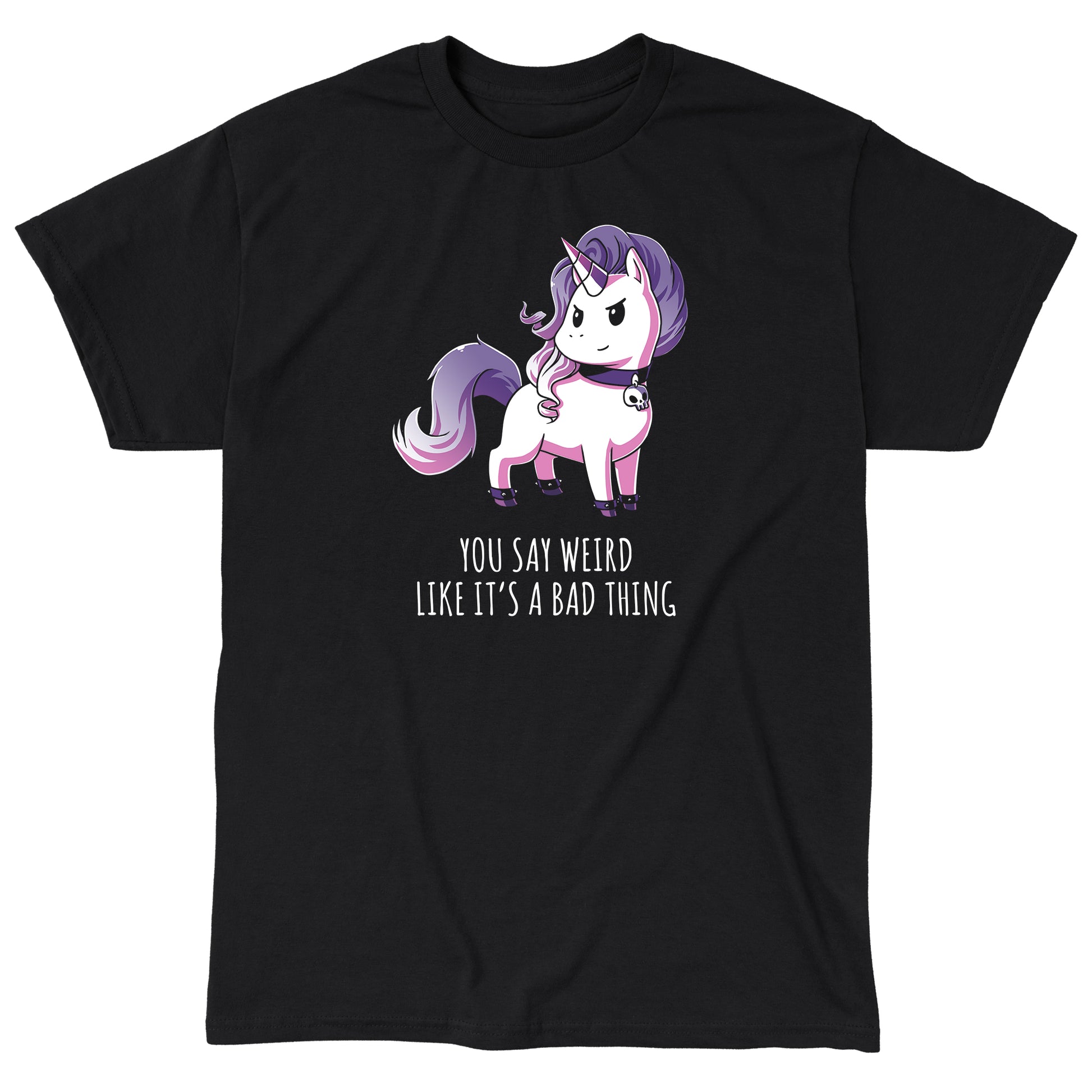 Classic Cotton T-shirt_TeeTurtle black Weird Is Good. Featuring a unicorn with goth accessories.