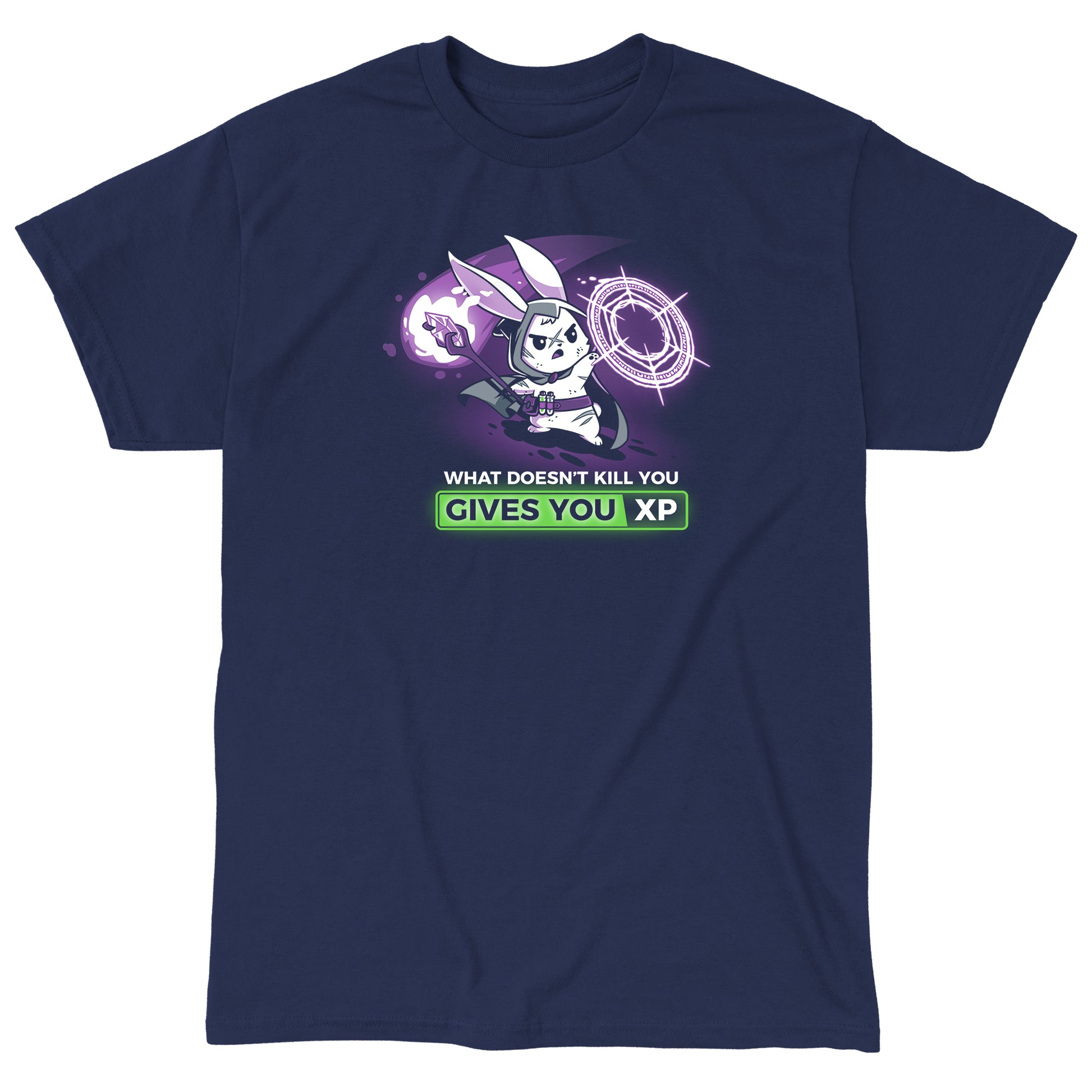 Classic Cotton T-shirt_TeeTurtle What Doesn't Kill You Gives You XP (Bunny) navy blue t-shirt featuring a rabbit in a mage costume casting a spell, holding a staff with a green potion attached. Text below reads "What Doesn't Kill You Gives You XP."