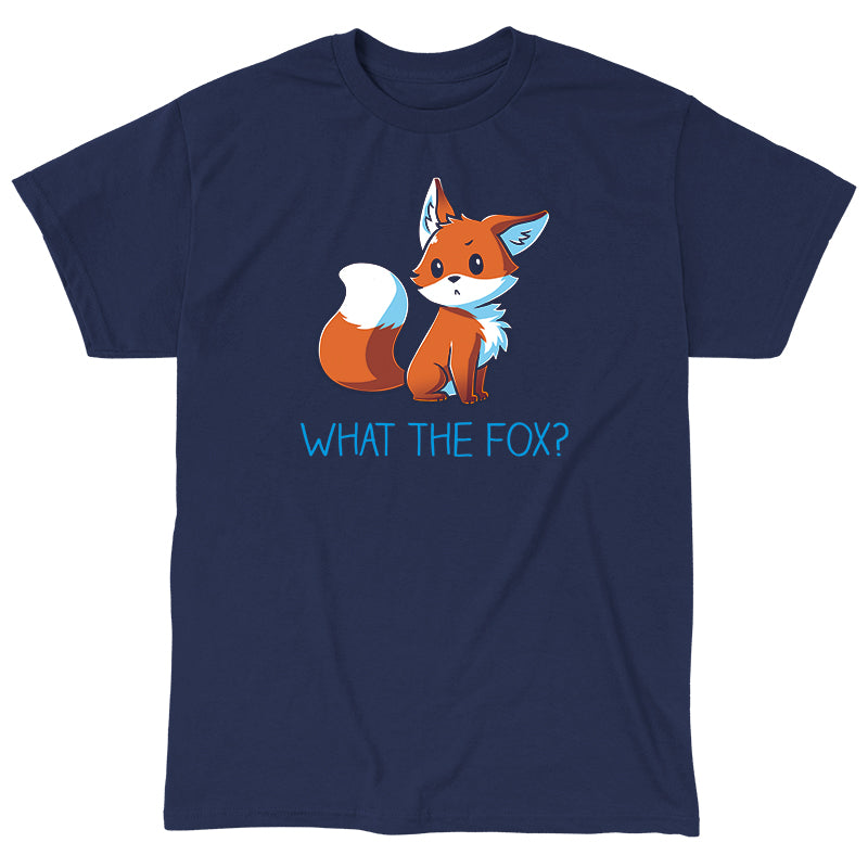 Classic Cotton T-shirt_TeeTurtle What the Fox? navy blue t-shirt featuring an adorable little fox looking quizzical posed above the pun 'What the Fox?'