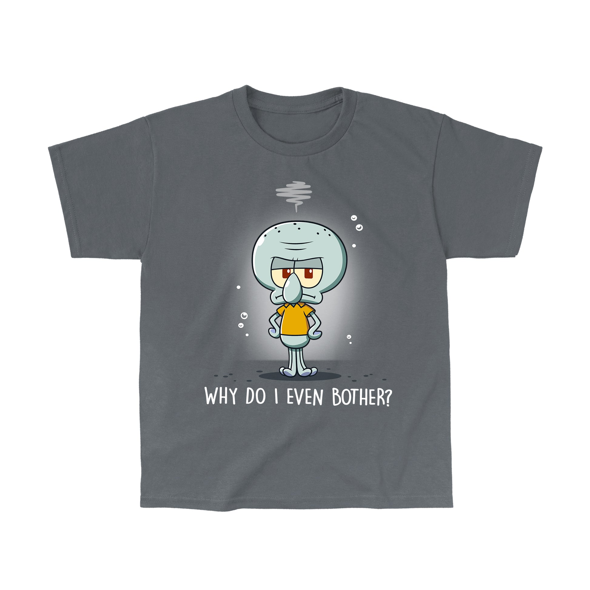 Classic Cotton T-shirt_TeeTurtle charcoal gray Why Do I Even Bother? apparel featuring Squidward with his tentacles on his hips with a grumpy expression.