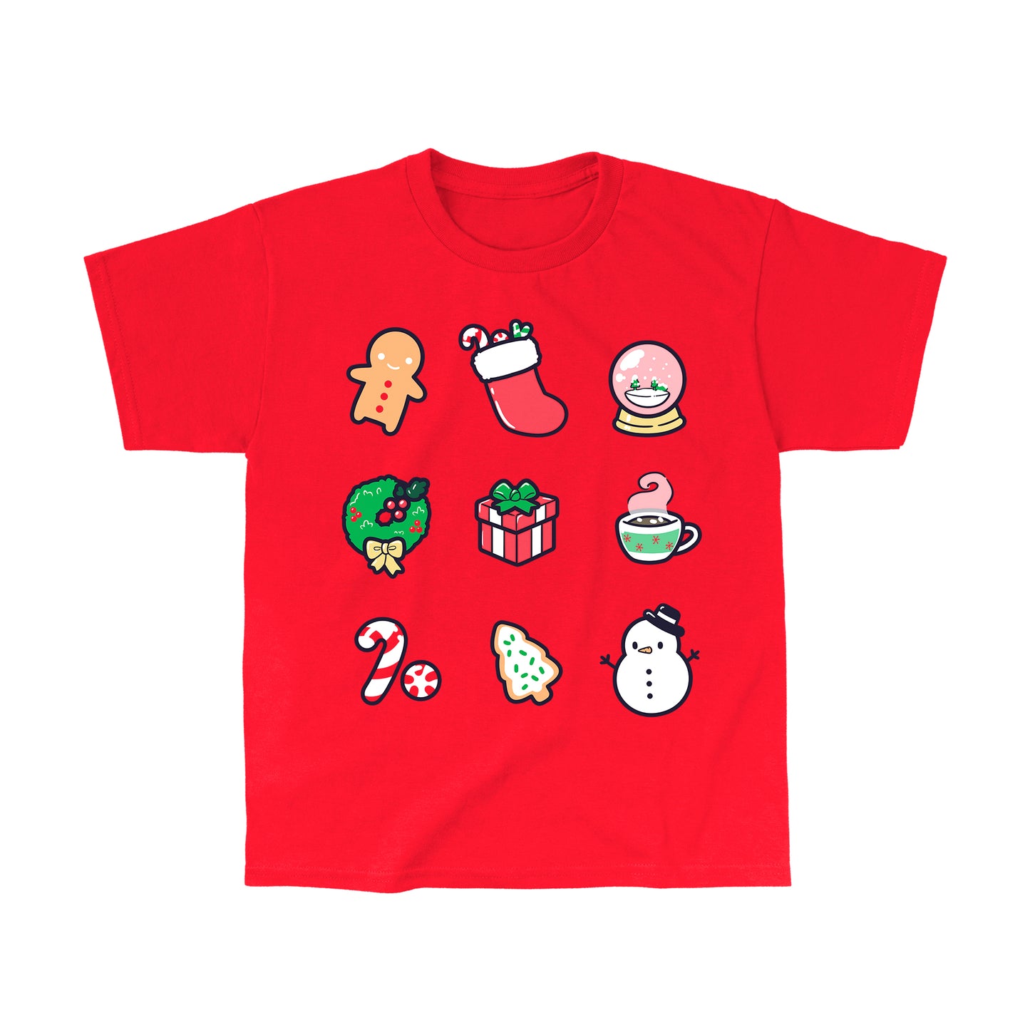 Classic Cotton T-shirt_TeeTurtle Why I Love Christmas red t-shirt featuring 9 classic holiday themed illustrations including a gingerbread man and snowman.