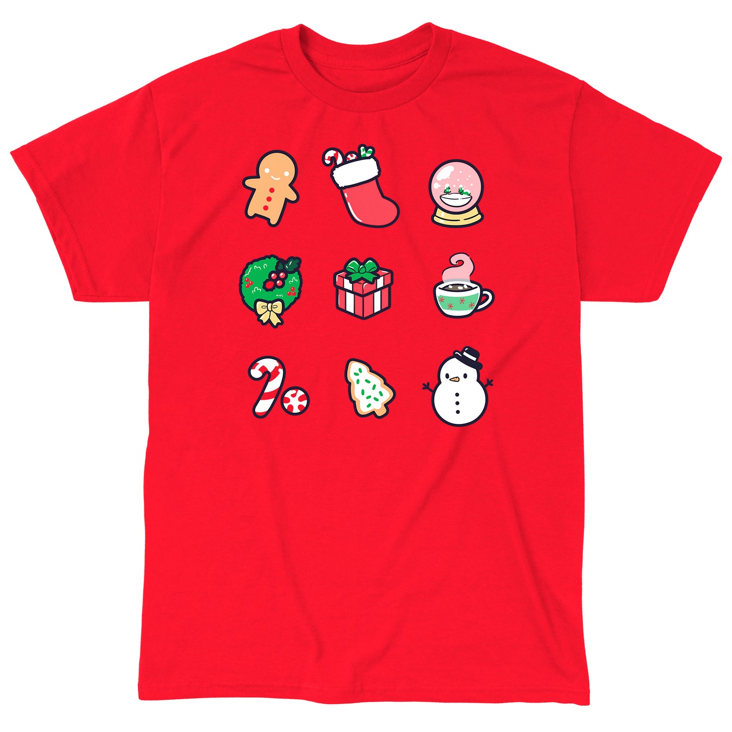 Classic Cotton T-shirt_TeeTurtle Why I Love Christmas red t-shirt featuring 9 classic holiday themed illustrations including a gingerbread man and snowman.