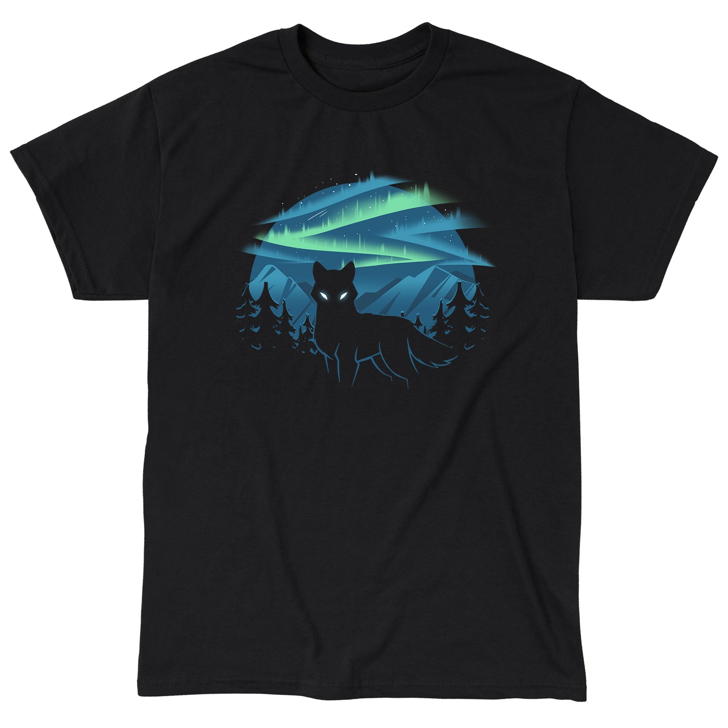 Classic Cotton T-shirt_A black apparel features a silhouette of a wolf with glowing eyes standing in front of a forest and mountains, with the wild aurora illuminating the night sky in the background. Made of super soft ringspun cotton, this Wild Aurora by monsterdigital is both comfortable and striking.