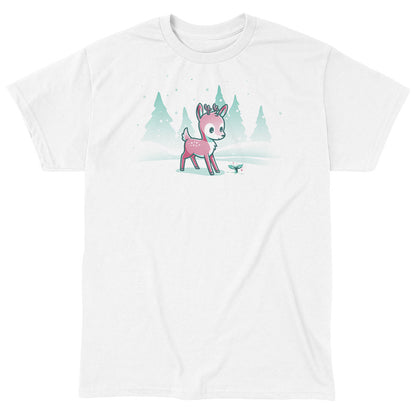 Classic Cotton T-shirt_TeeTurtle Winter Wonderland White t-shirt featuring a cartoon deer with small antlers stands in a snowy landscape with evergreen trees, looking curiously at a glowing sprout on the ground. Snowflakes are falling around them. 