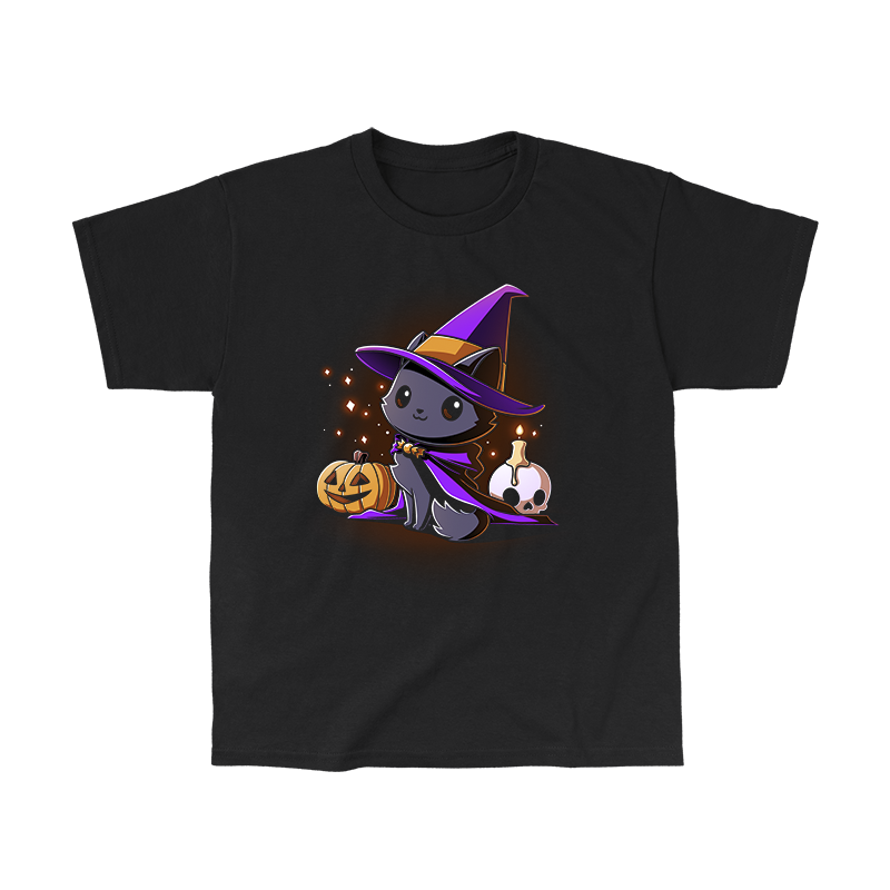 Classic Cotton T-shirt_TeeTurtle black Witch, I’m Purrfect apparel featuring a black cat wearing a purple witch hat and cloak surrounded by sparkles, a jack-o'-lantern, and a skull with a lit candle on top.