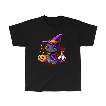 Classic Cotton T-shirt_TeeTurtle black Witch, I’m Purrfect apparel featuring a black cat wearing a purple witch hat and cloak surrounded by sparkles, a jack-o'-lantern, and a skull with a lit candle on top.