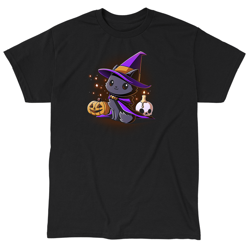 Classic Cotton T-shirt_TeeTurtle black Witch, I’m Purrfect apparel featuring a black cat wearing a purple witch hat and cloak surrounded by sparkles, a jack-o'-lantern, and a skull with a lit candle on top.