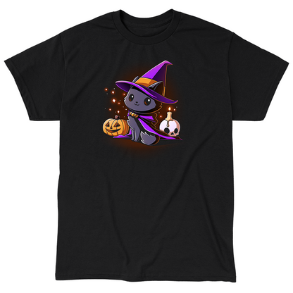 Classic Cotton T-shirt_TeeTurtle black Witch, I’m Purrfect apparel featuring a black cat wearing a purple witch hat and cloak surrounded by sparkles, a jack-o'-lantern, and a skull with a lit candle on top.
