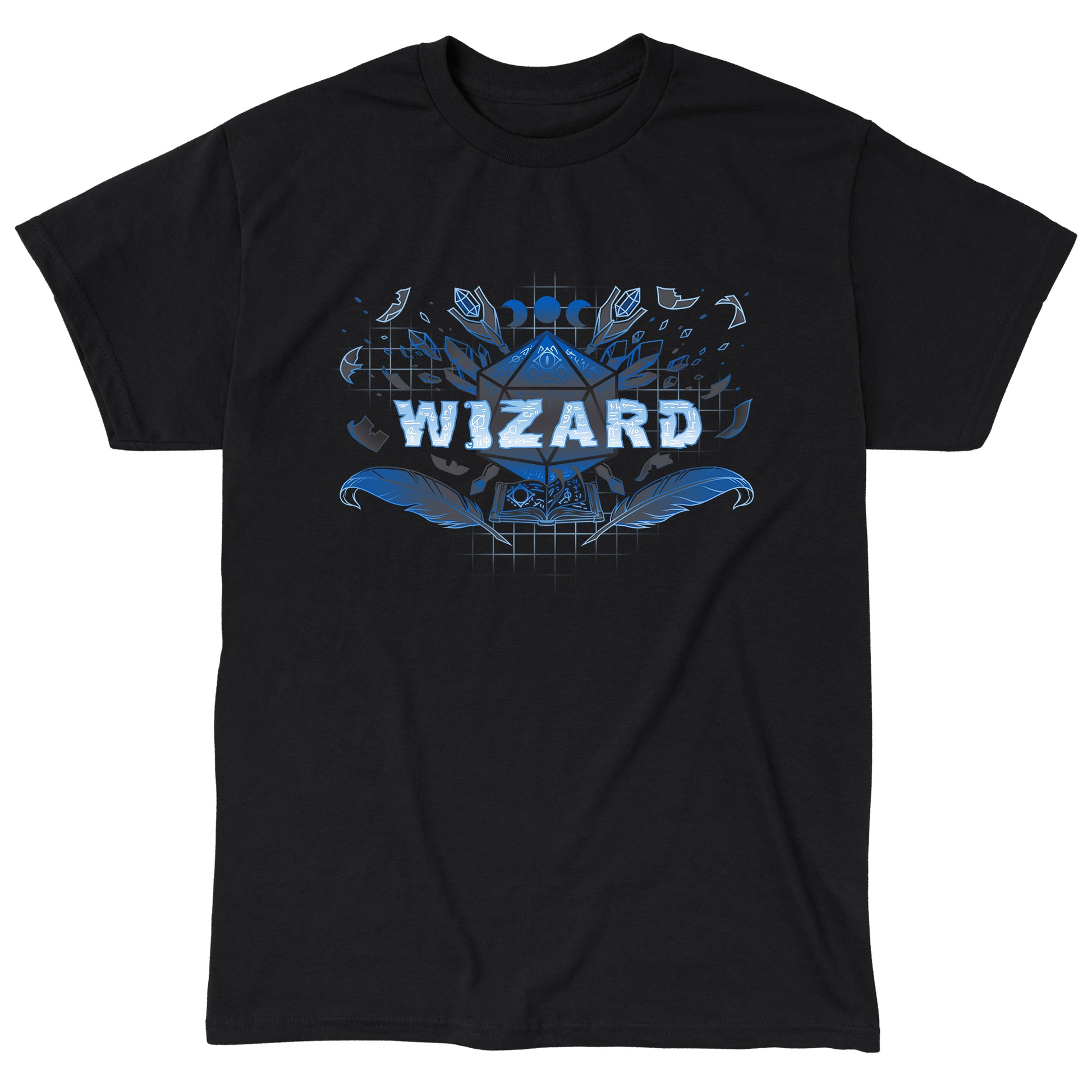 Classic Cotton T-shirt_TeeTurtle Wizard Class black t-shirt featuring the word wizard in blue with various symbols inside it, surrounded by wands, feathers, and gems. Behind it is a D20 dice above an open book.