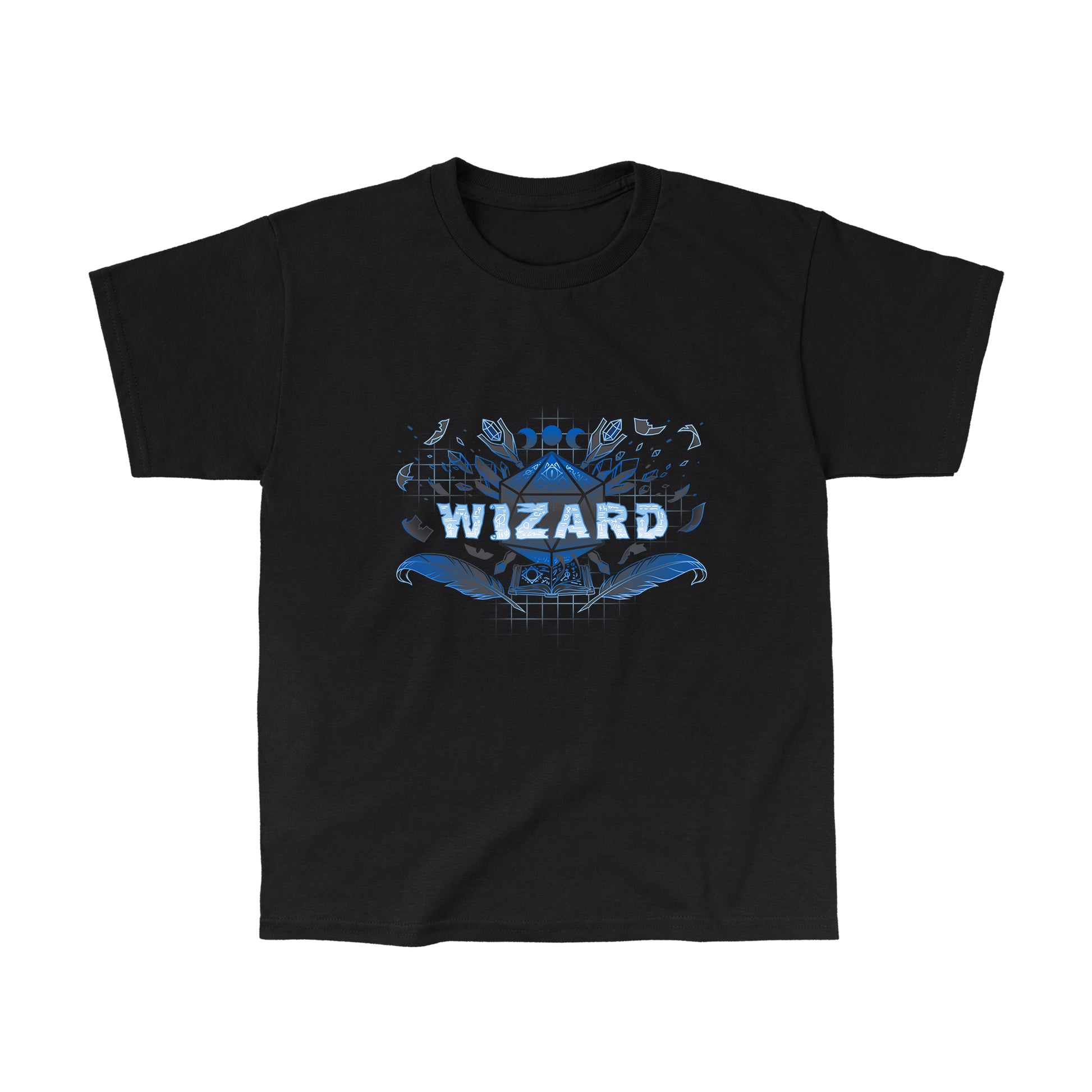 Classic Cotton T-shirt_TeeTurtle Wizard Class black t-shirt featuring the word wizard in blue with various symbols inside it, surrounded by wands, feathers, and gems. Behind it is a D20 dice above an open book.