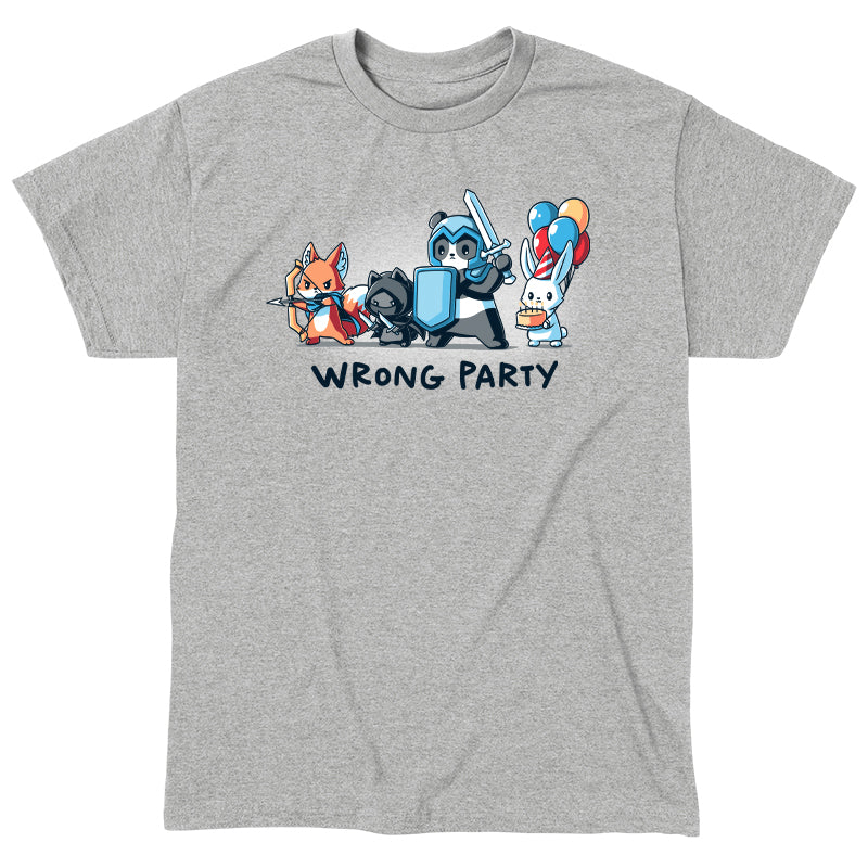 Classic Cotton T-shirt_A group of cartoon animals dressed as an archer fox, ninja cat, knight panda, and a rabbit holding balloons and cake. Text below reads "WRONG PARTY." This whimsical scene is printed on a monsterdigital Wrong Party apparel made from super soft ringspun cotton. Unisex apparelavailable.