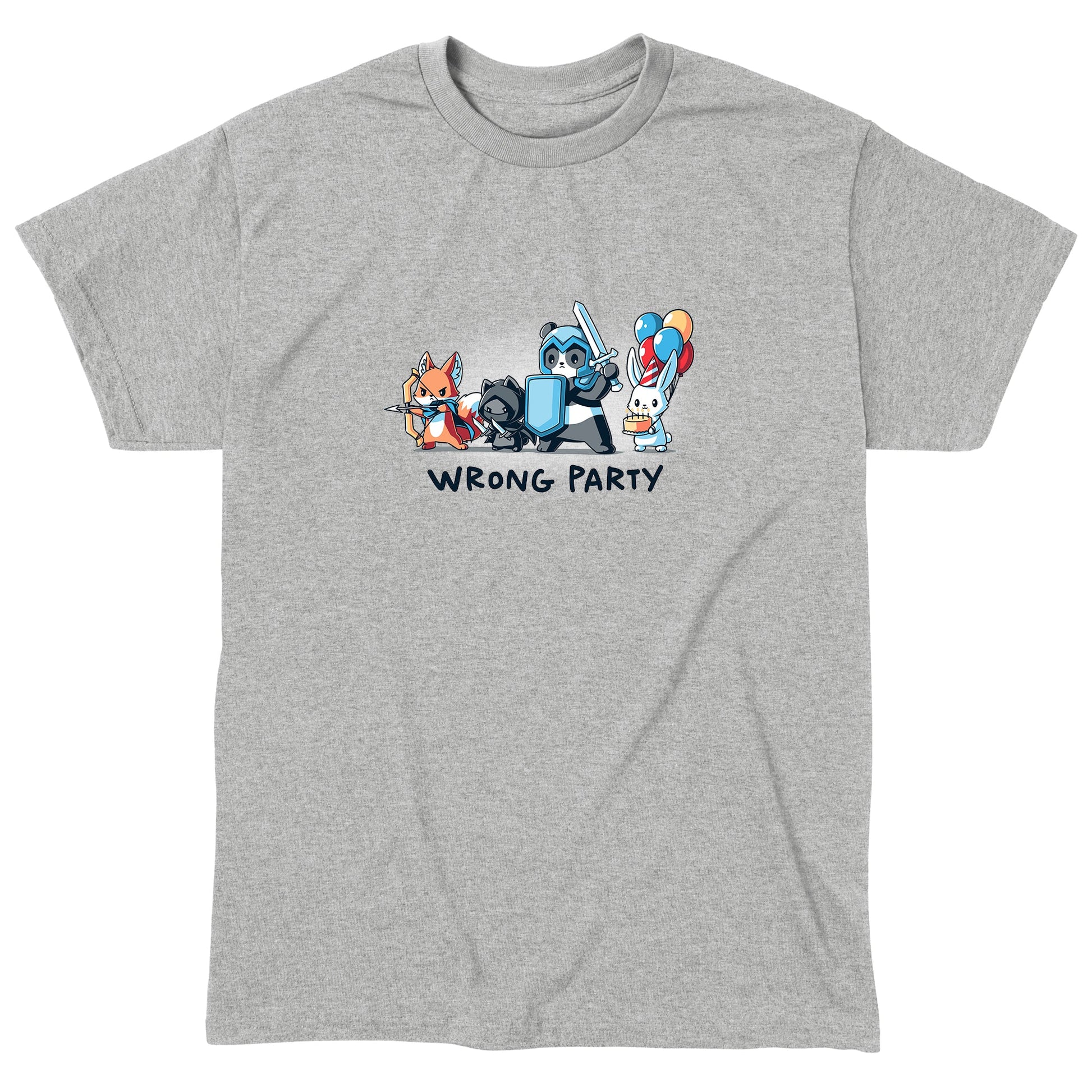 Classic Cotton T-shirt_A group of cartoon animals dressed as an archer fox, ninja cat, knight panda, and a rabbit holding balloons and cake. Text below reads "WRONG PARTY." This whimsical scene is printed on a monsterdigital Wrong Party apparel made from super soft ringspun cotton. Unisex apparelavailable.