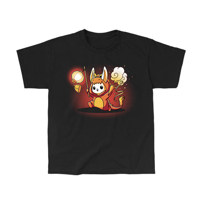 Classic Cotton T-shirt_TeeTurtle Year of the Dragon Kigurumi black t-shirt featuring a white bunny dressed in an orange dragon costume while holding party favors surrounded by orange stars.