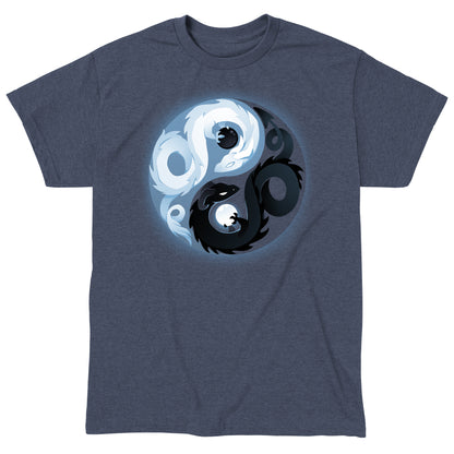 Classic Cotton T-shirt_Teeturtle Yin and Yang Dragons heather navy t-shirt featuring white and black dragon-like creatures intertwined in a symbol design.