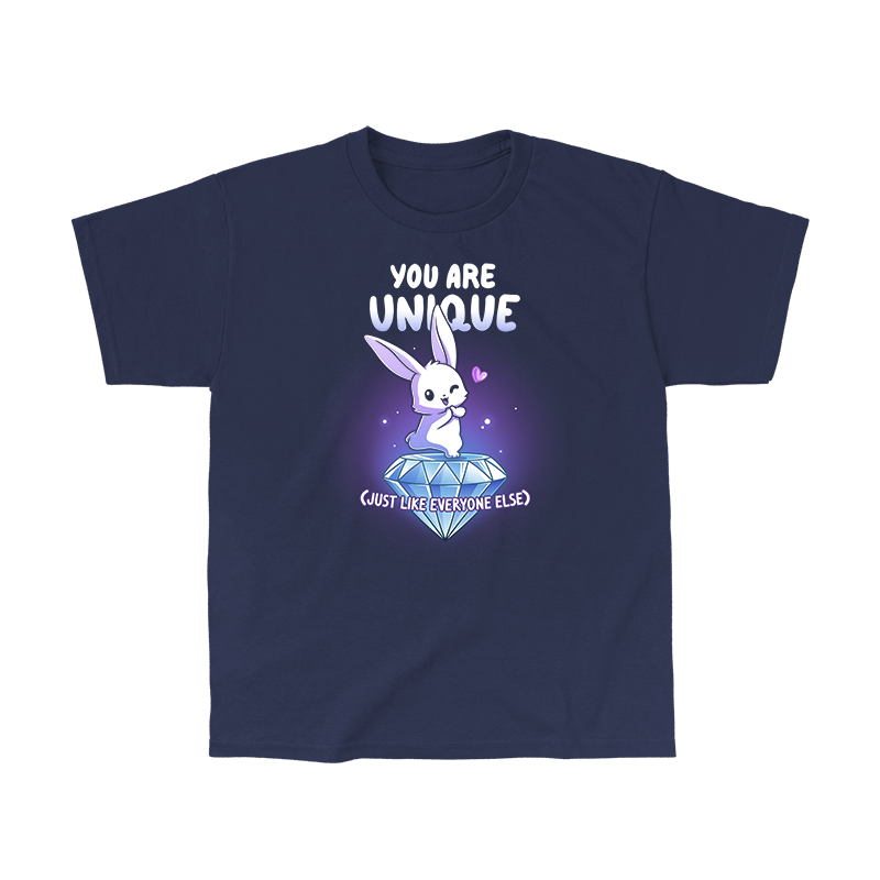 Classic Cotton T-shirt_TeeTurtle navy blue You Are Unique apparel featuring a winking bunny with a heart standing on top of a giant sparkling diamond with the sarcastic caption, “You are Unique (Just Like Everyone Else)“.