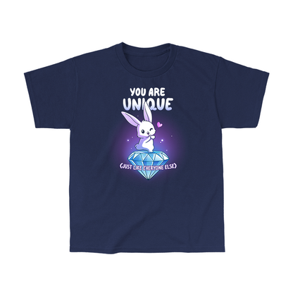 Classic Cotton T-shirt_TeeTurtle navy blue You Are Unique apparel featuring a winking bunny with a heart standing on top of a giant sparkling diamond with the sarcastic caption, “You are Unique (Just Like Everyone Else)“.