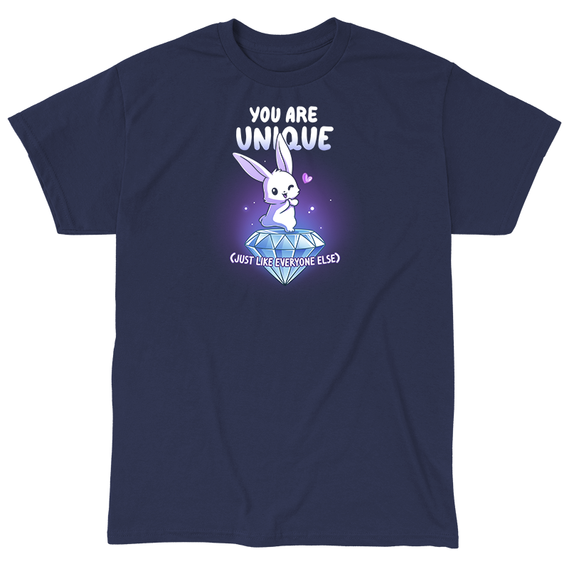 Classic Cotton T-shirt_TeeTurtle navy blue You Are Unique apparel featuring a winking bunny with a heart standing on top of a giant sparkling diamond with the sarcastic caption, “You are Unique (Just Like Everyone Else)“.