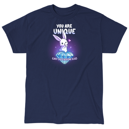 Classic Cotton T-shirt_TeeTurtle navy blue You Are Unique apparel featuring a winking bunny with a heart standing on top of a giant sparkling diamond with the sarcastic caption, “You are Unique (Just Like Everyone Else)“.