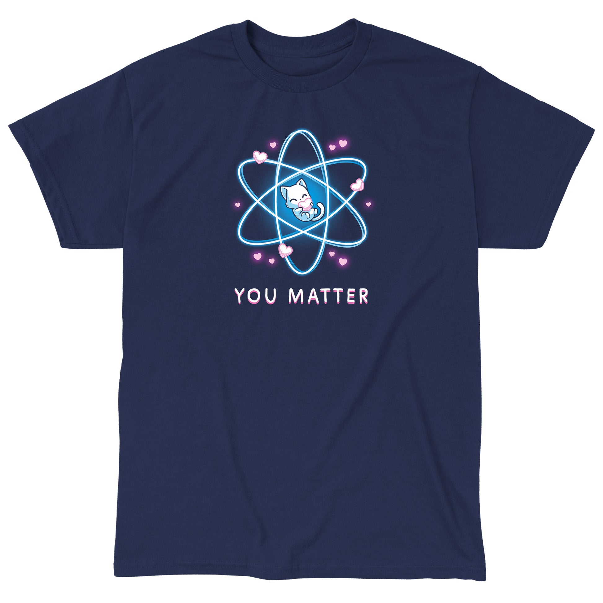 Classic Cotton T-shirt_TeeTurtle You Matter navy blue t-shirt featuring a cat hugging a heart, surrounded by an atomic structure.