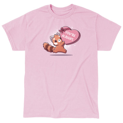 Classic Cotton T-shirt_TeeTurtle light pink You're Alright. apparel featuring a red panda holding a giant heart-shaped box of chocolates labeled, "You're Alright."