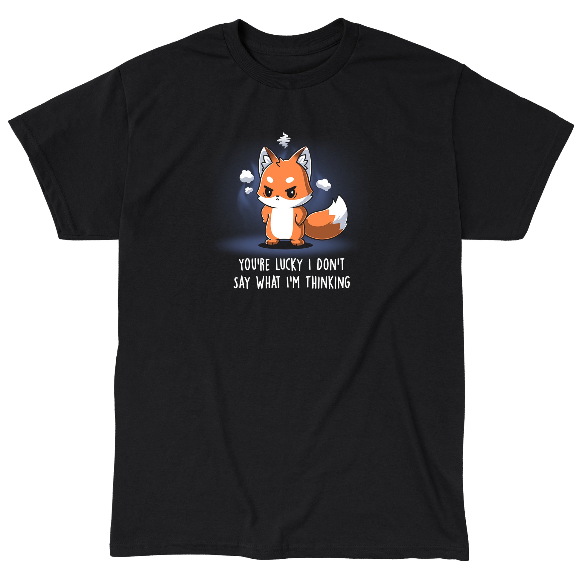 Classic Cotton T-shirt_TeeTurtle You're Lucky I Don’t Say What I’m Thinking black t-shirt featuring a fox with an angry expression standing surrounded by steam, with text "You're lucky I don't say what I'm thinking."