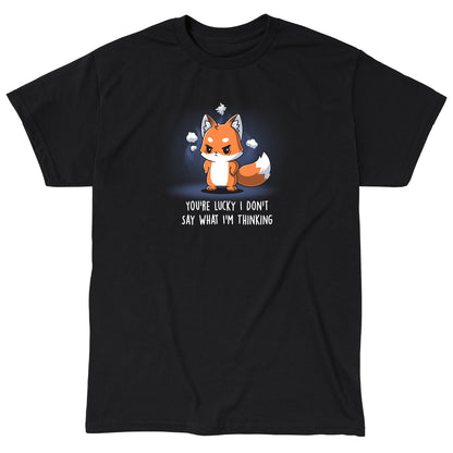 Classic Cotton T-shirt_TeeTurtle You're Lucky I Don’t Say What I’m Thinking black t-shirt featuring a fox with an angry expression standing surrounded by steam, with text "You're lucky I don't say what I'm thinking."