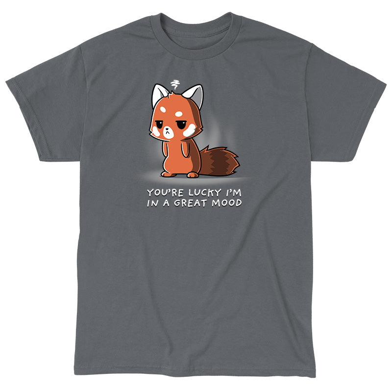 Classic Cotton T-shirt_TeeTurtle You're Lucky I'm in a Great Mood charcoal gray t-shirt featuring a sarcastic fox who is looking pretty grumpy.