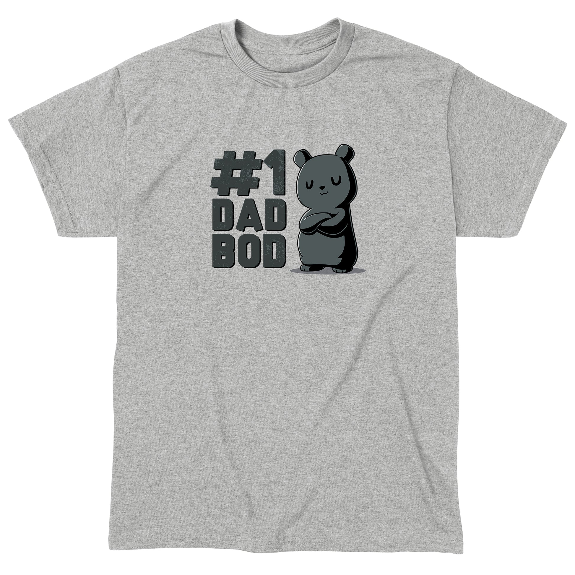 Classic Cotton T-shirt_TeeTurtle heather gray #1 Dad Bod. Featuring a black bear with a dad bod.