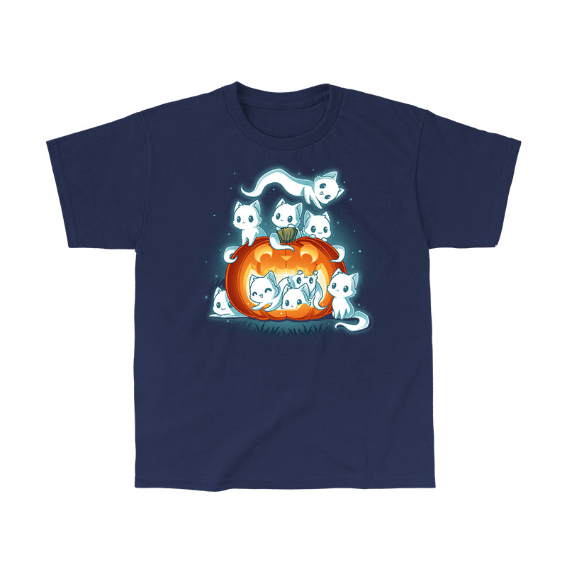 Classic Cotton T-shirt_TeeTurtle navy blue Pawssessed Pumpkin apparel featuring a giant jack-o'-lantern with nine ghost cats in various playful poses around it.