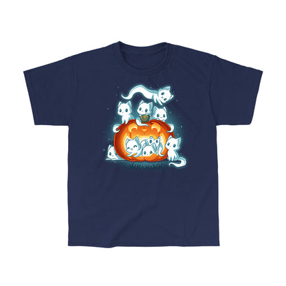 Classic Cotton T-shirt_TeeTurtle navy blue Pawssessed Pumpkin apparel featuring a giant jack-o'-lantern with nine ghost cats in various playful poses around it.