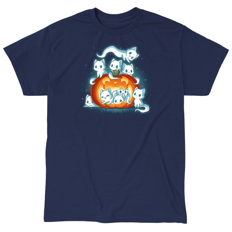 Classic Cotton T-shirt_TeeTurtle navy blue Pawssessed Pumpkin apparel featuring a giant jack-o'-lantern with nine ghost cats in various playful poses around it.