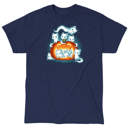 Classic Cotton T-shirt_TeeTurtle navy blue Pawssessed Pumpkin apparel featuring a giant jack-o'-lantern with nine ghost cats in various playful poses around it.