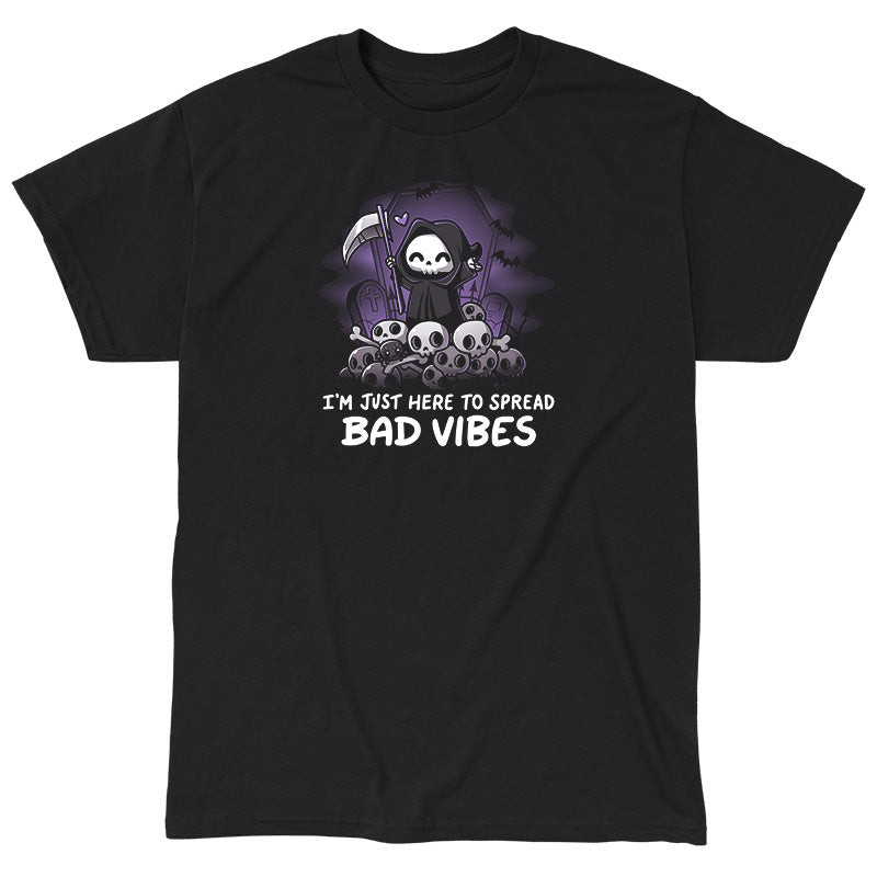 Classic Cotton T-shirt_TeeTurtle I'm just here to spread bad vibes black t-shirt featuring a grim reaper with a scythe.