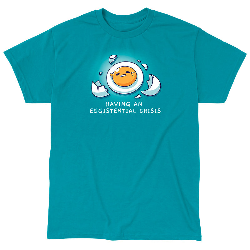 Classic Cotton T-shirt_TeeTurtle tropical blue Having An Eggistential Crisis apparel featuring Gudetama in a round yolk form surrounded by pieces of broken eggshells having an existential crisis with the caption, “Having An Eggistential Crisis“.