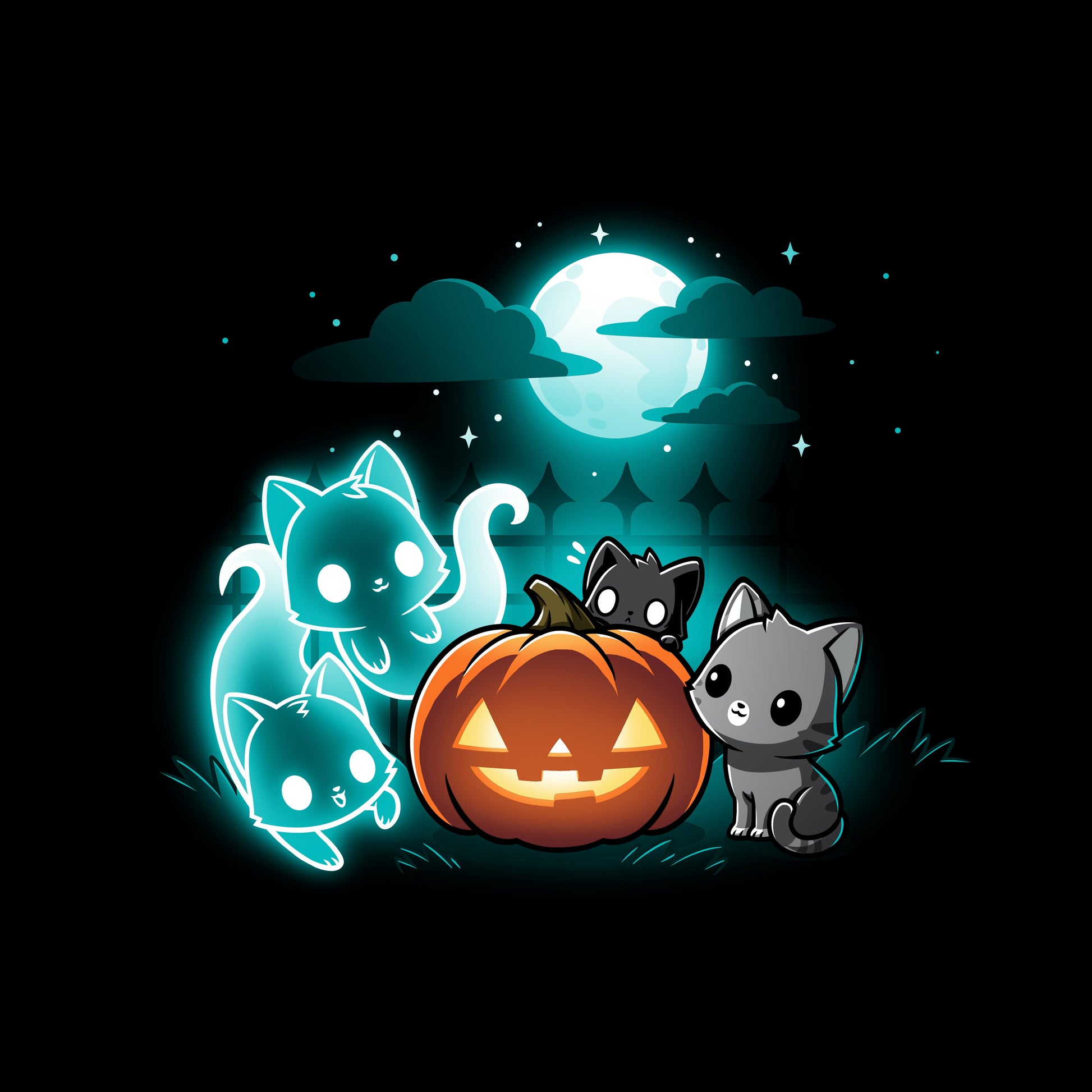 Crew Neck Sweatshirt_TeeTurtle Spurrits of Halloween black design featuring two dark and dangerous ghost cats next to two grey cats watching them. They are surrounding a jack-o-lantern and there is a full moon with clouds behind them.