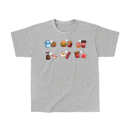 Classic Cotton T-shirt_TeeTurtle heather gray Taste Buddies Classic Cotton T-shirt featuring six pairs of food with smiling faces and a heart between each pair.