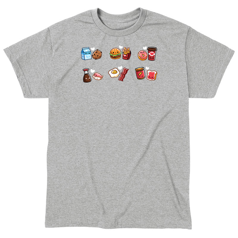Classic Cotton T-shirt_TeeTurtle heather gray Taste Buddies Classic Cotton T-shirt featuring six pairs of food with smiling faces and a heart between each pair.