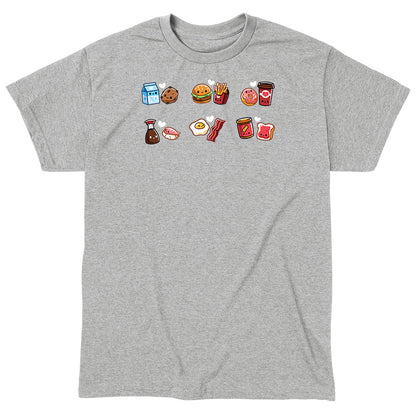 Classic Cotton T-shirt_TeeTurtle heather gray Taste Buddies Classic Cotton T-shirt featuring six pairs of food with smiling faces and a heart between each pair.