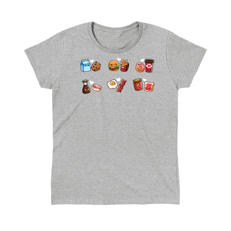 Classic Cotton T-shirt_TeeTurtle heather gray Taste Buddies Classic Cotton T-shirt featuring six pairs of food with smiling faces and a heart between each pair.