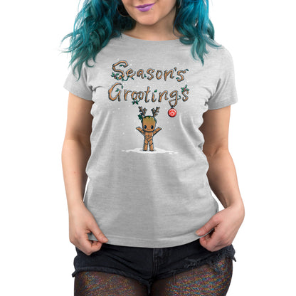 A women's t-shirt with the phrase "Season's Grootings" ideal for the holidays by Marvel.