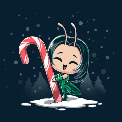A cartoon girl holding a candy cane in the snow, wearing an officially licensed Marvel Festive Mantis T-shirt.