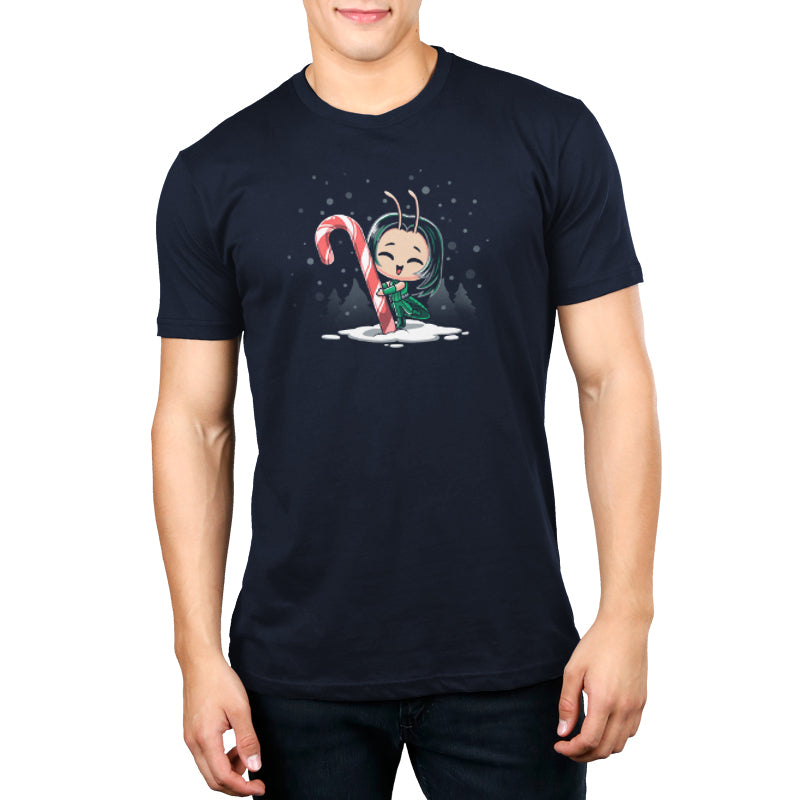 A men's officially licensed Festive Mantis t-shirt featuring an image of a man holding a candy cane. (Brand: Marvel)