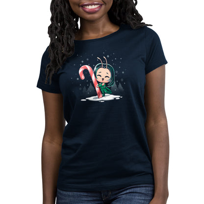 An officially licensed Marvel women's t-shirt with an image of a snowman holding a candy cane.